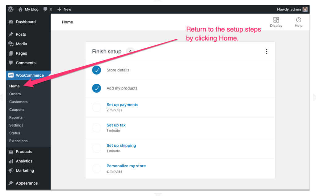 Image shows where to return to WooCommerce set up dashboard within the WordPress dashboard.