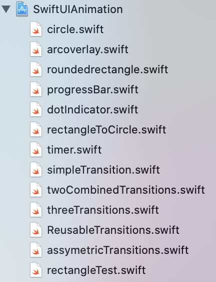 SwiftUI animation folder structure showing 13 Swift files including shape transitions, progress indicators, and animation examples