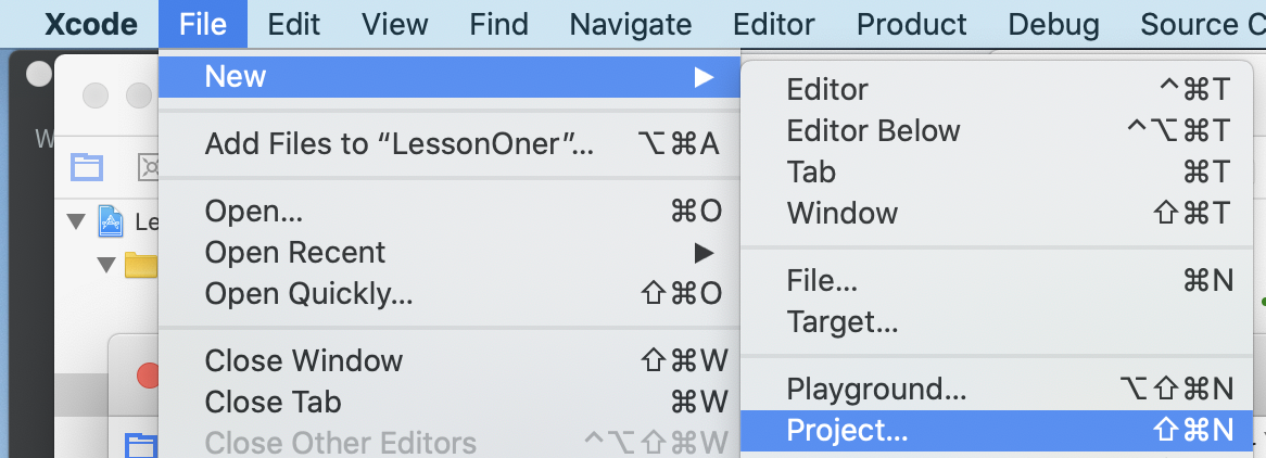Xcode File menu open showing New, Add Files, Open, Open Recent, and Close options with keyboard shortcuts displayed