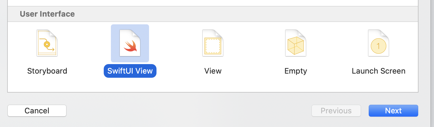 Xcode template selection panel showing User Interface options: Storyboard, SwiftUI View (highlighted), View, Empty, and Launch Screen.