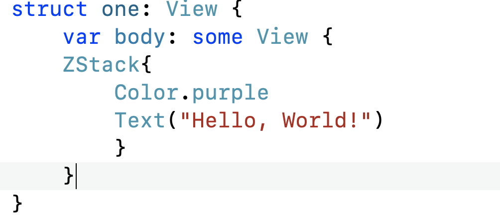 SwiftUI struct displaying purple-colored "Hello, World!" text using ZStack and Text components.