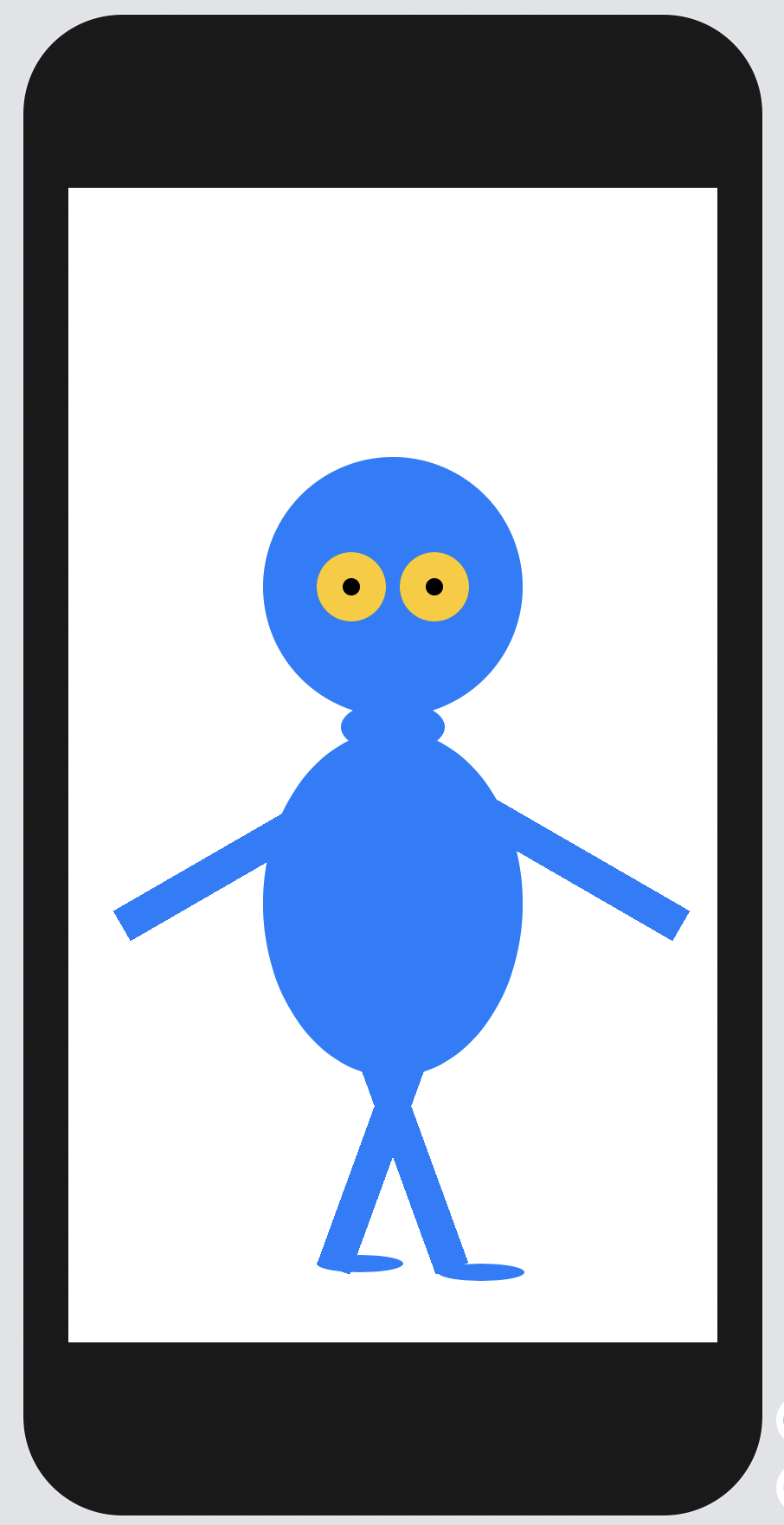 Blue stick figure with yellow eyes displayed on a smartphone screen