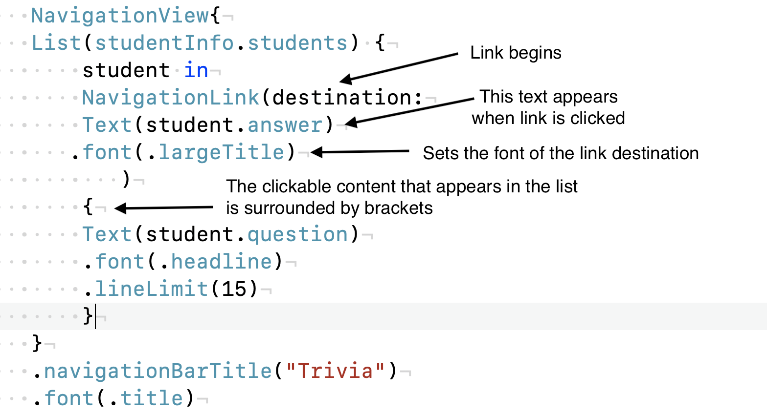 SwiftUI NavigationView code showing a List with NavigationLink elements and font styling annotations