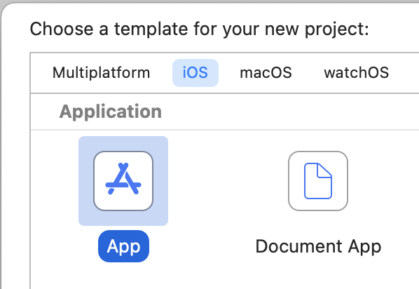 Xcode project template selection screen showing iOS platform with App and Document App options available.