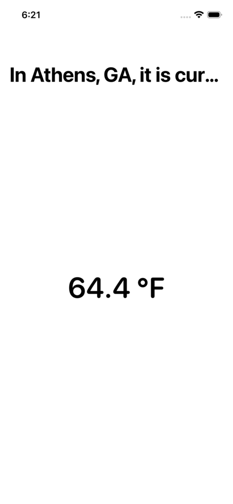 iPhone Simulator showing the Weather App displaying the current temperature in Athens, GA as 64.4 °F