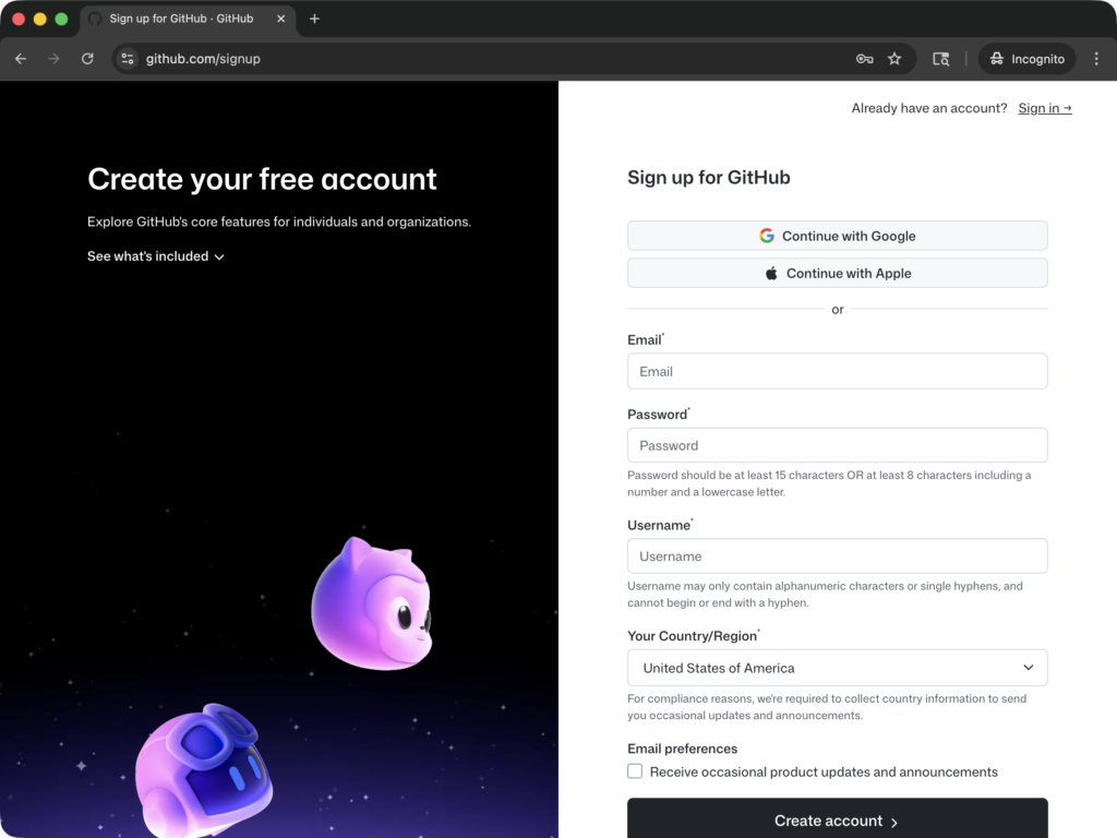 GitHub.com sign up page