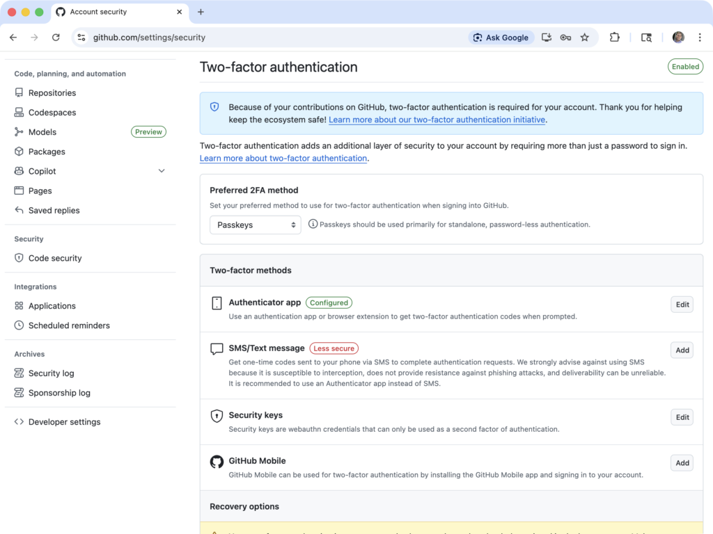 GitHub.com two-factor authentication page