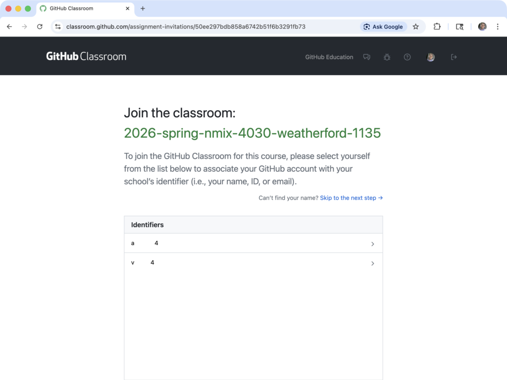 Prompt after accepting assignment invitation link to join a GitHub Classroom. Actual UGA IDs are redacted.