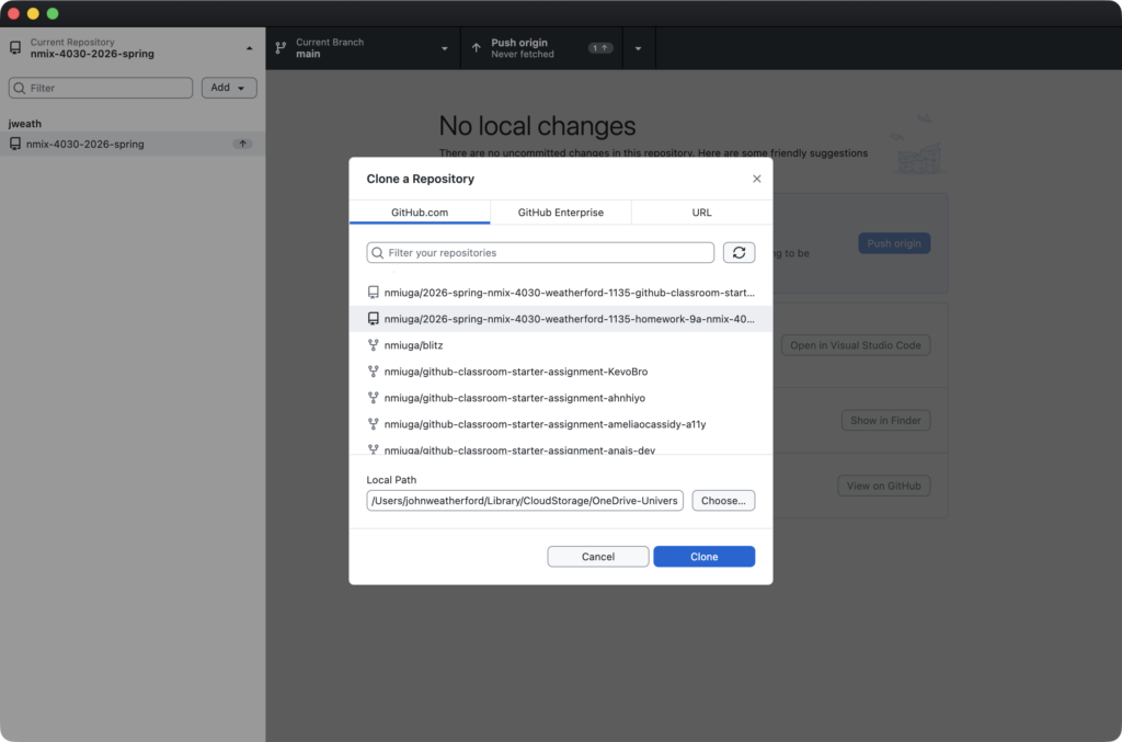 GitHub Desktop's Clone a Repository modal showing a GitHub Classroom assignment being cloned from GitHub.com to a user's local OneDrive folder.