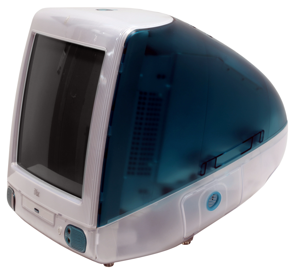 iMac G3 in Bondi Blue, three-quarter view