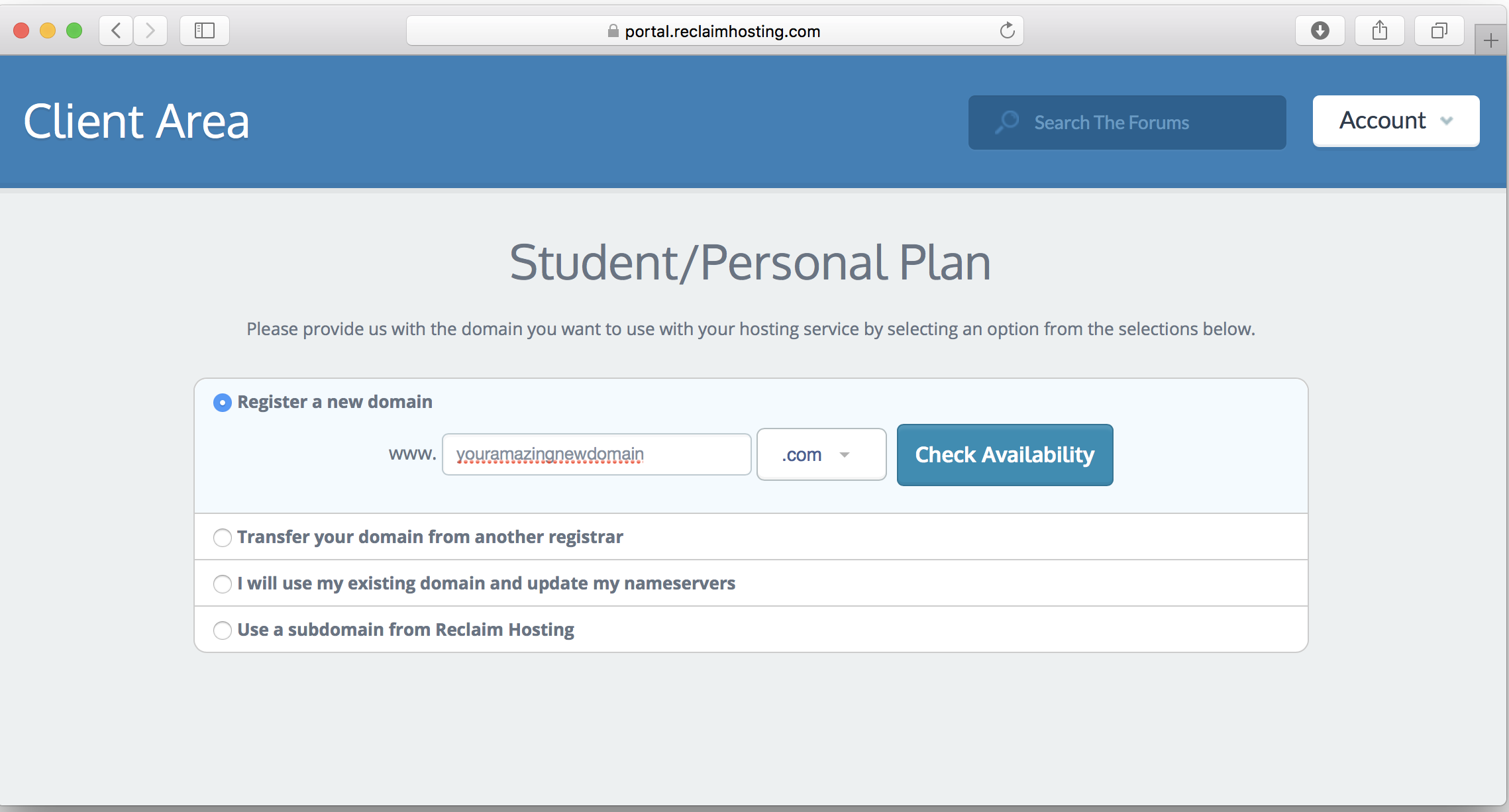 Reclaim Hosting domain name selection page