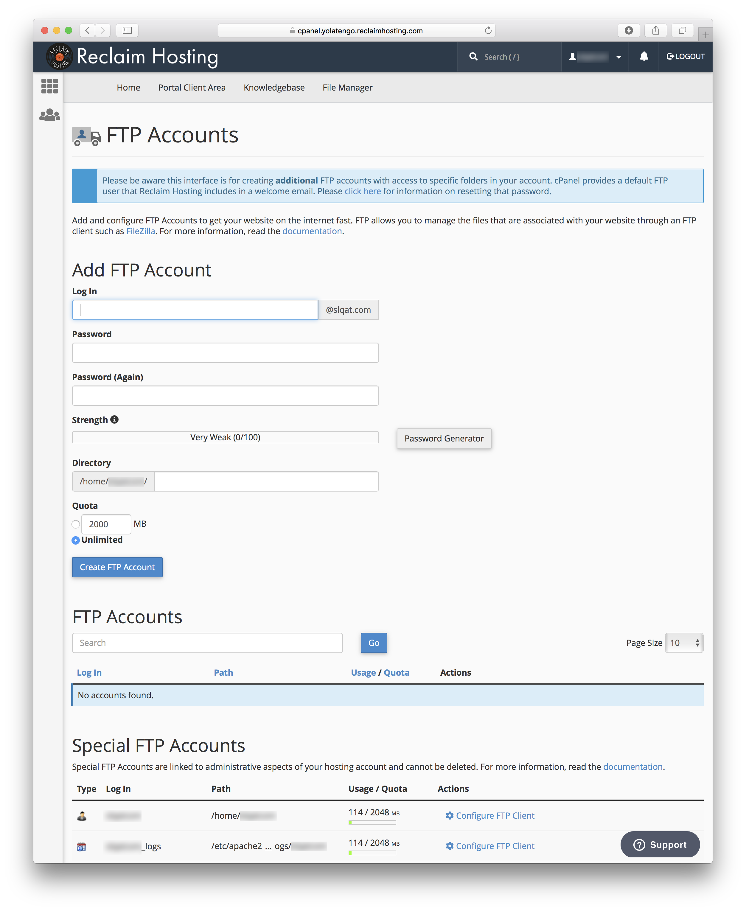 FTP Accounts page