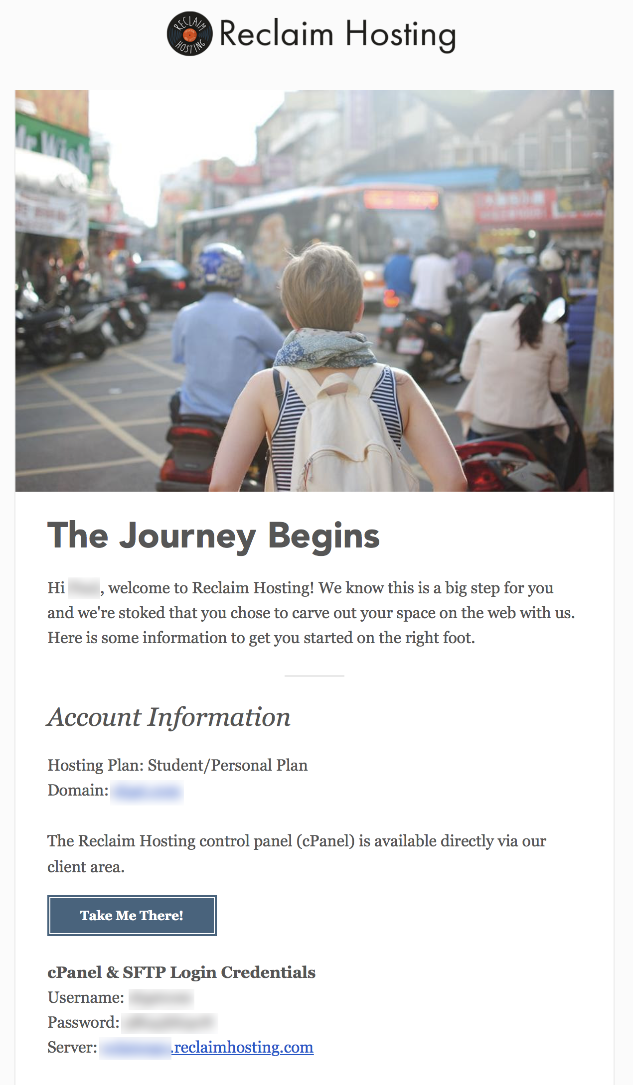 Reclaim Hosting welcome email with credentials