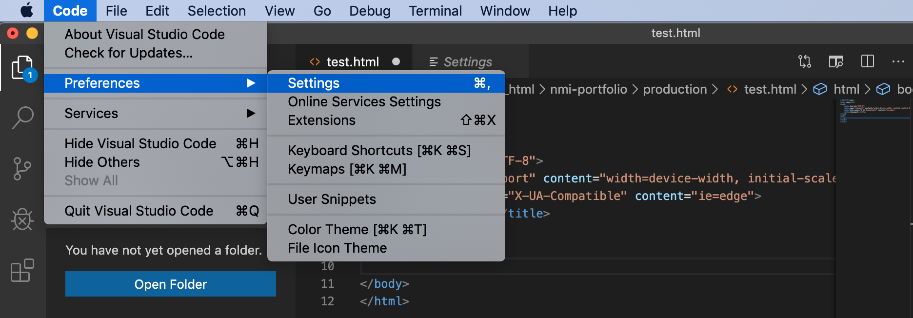 In the menu bar, or topmost bar of Visual Code Studio, Code is selected, followed by Preferences and Settings.