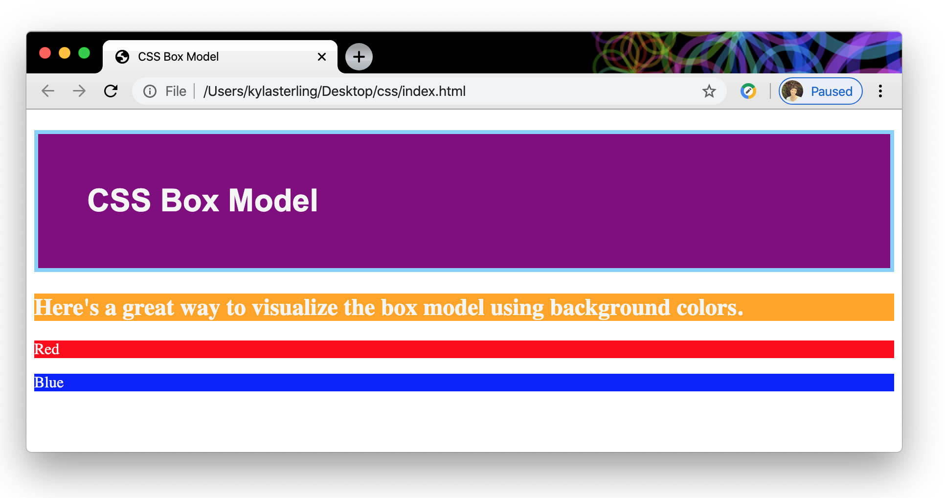 In this example, the h1 element, which reads CSS Box Model has been altered. It now has 50px of padding and a light blue border. 