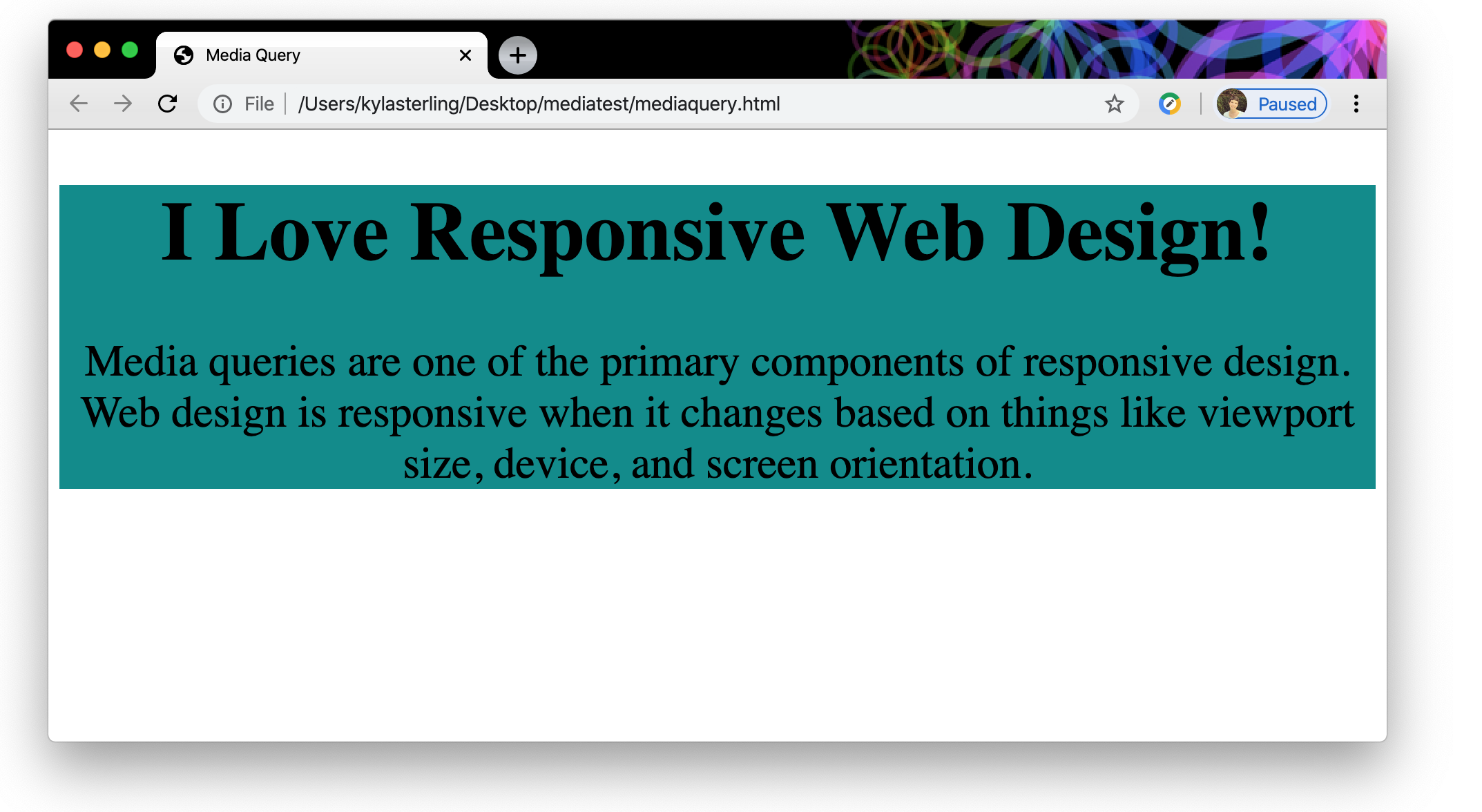 An image of a webpage with a large dark cyan square, a heading, and text inside it. 