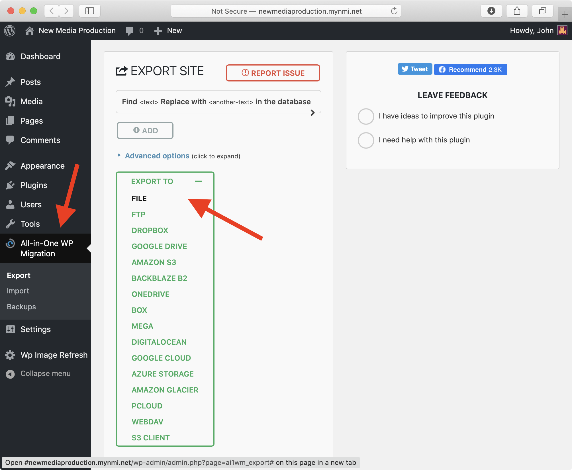 All-in-One WP Migration Export Settings