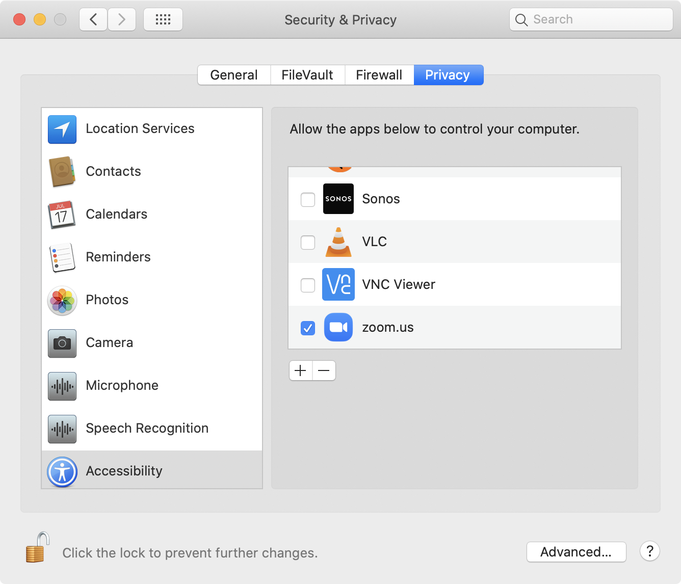 Screenshot of System Preferences > Security and Privacy > Privacy > Accessibility