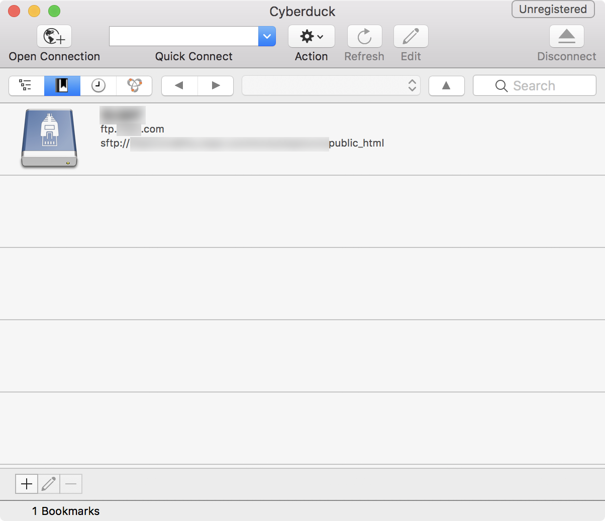 Cyberduck bookmarks screen with bookmark added
