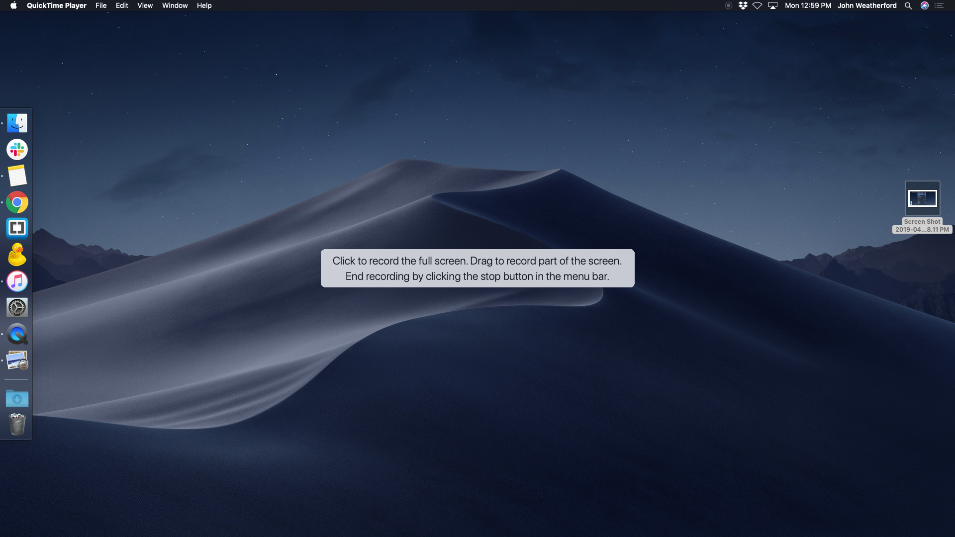QuickTime screen recording prompt