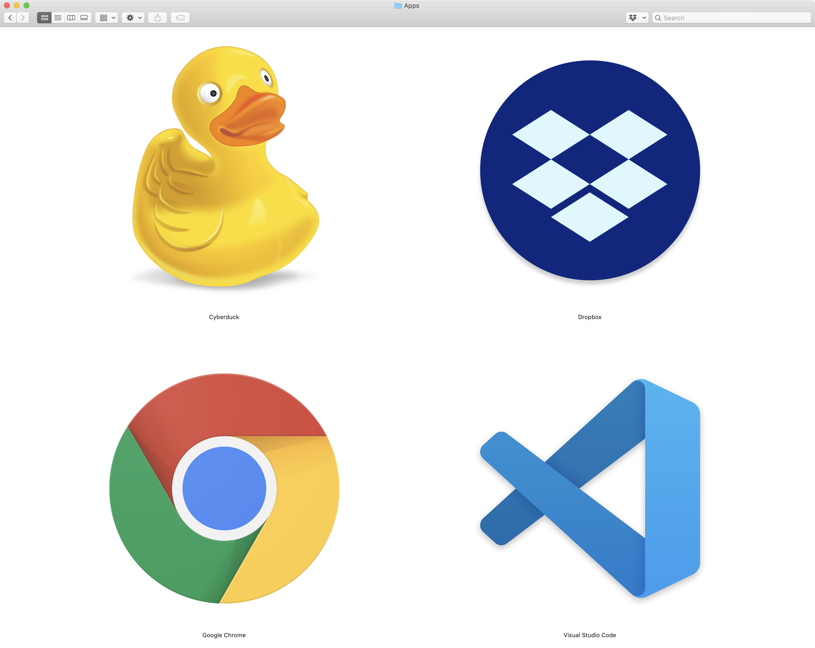 Icons for Cyberduck, Dropbox, Chrome, and Visual Studio Code