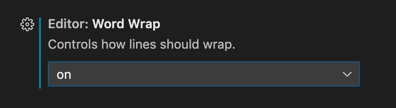 Editor: Word Wrap, a setting in Visual Studio Code, is turned to "on."