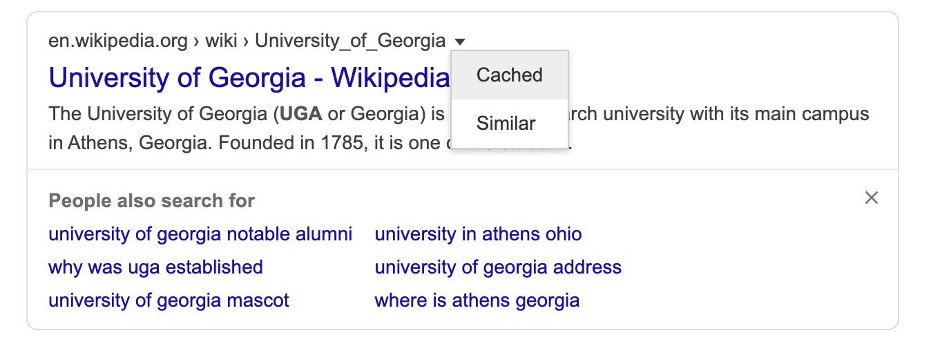 A Google search result for the University of Georgia on Wikipedia.