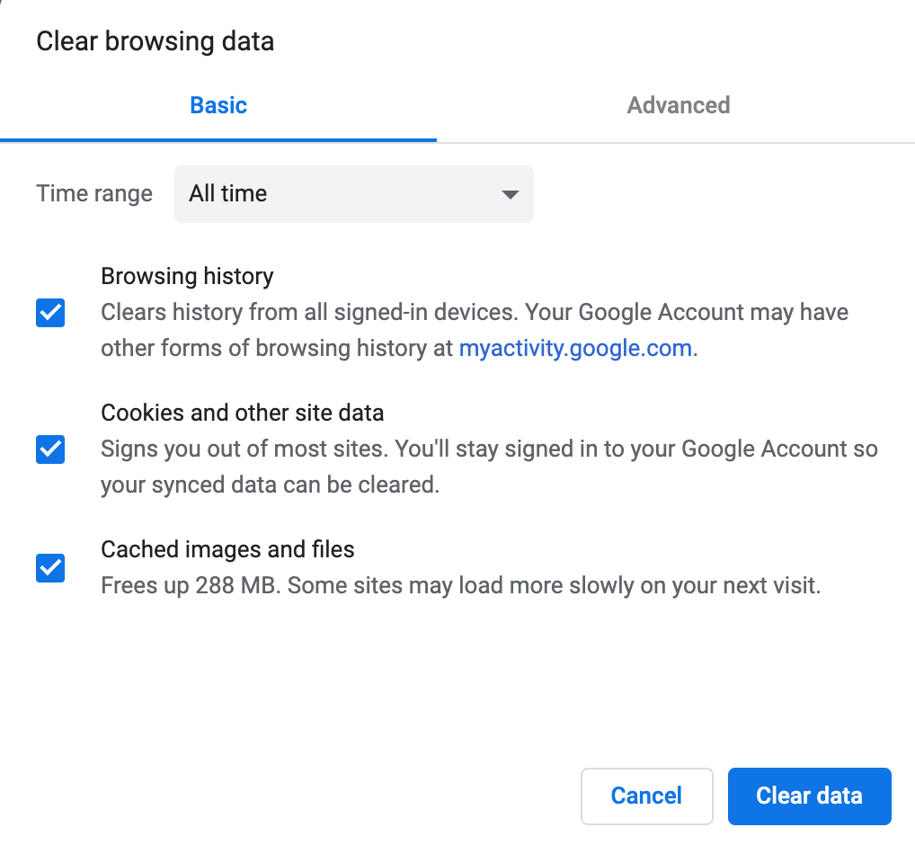 A screenshot of Chrome's clear browsing data tool, with browsing history, cookies and other site data, and cached images and files checked off.