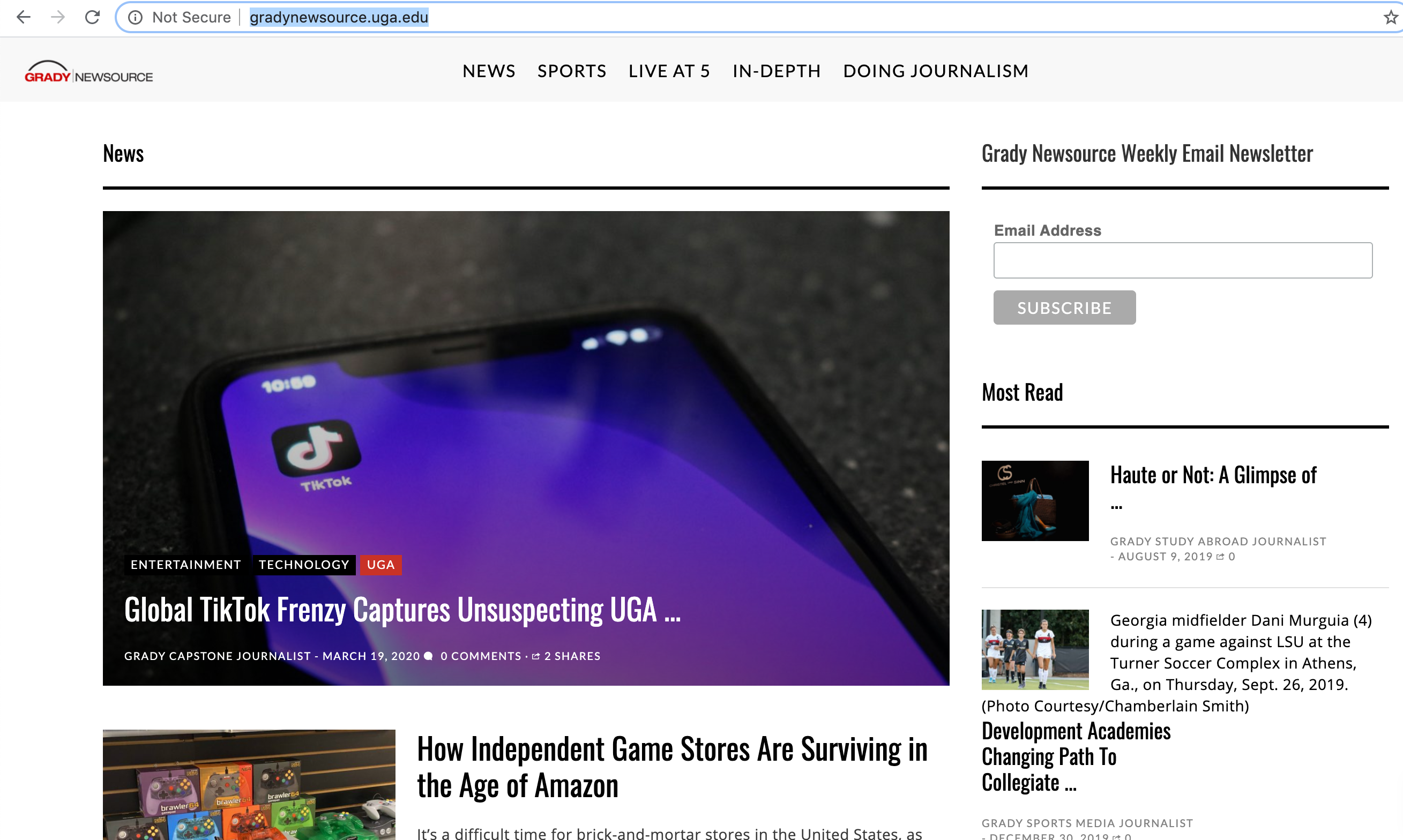 The homepage of Grady Newsource, featuring a weekly newsletter signup form and a Most Read column on the right sidebar. 