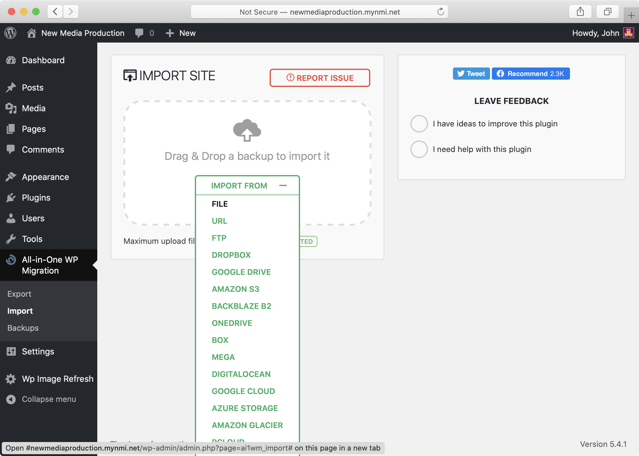 All-in-One WP Migration import screenshot