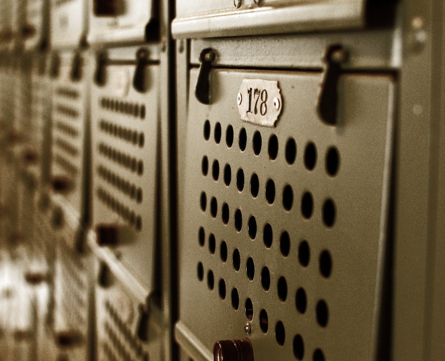 Photo of gray, metal storage lockers. 