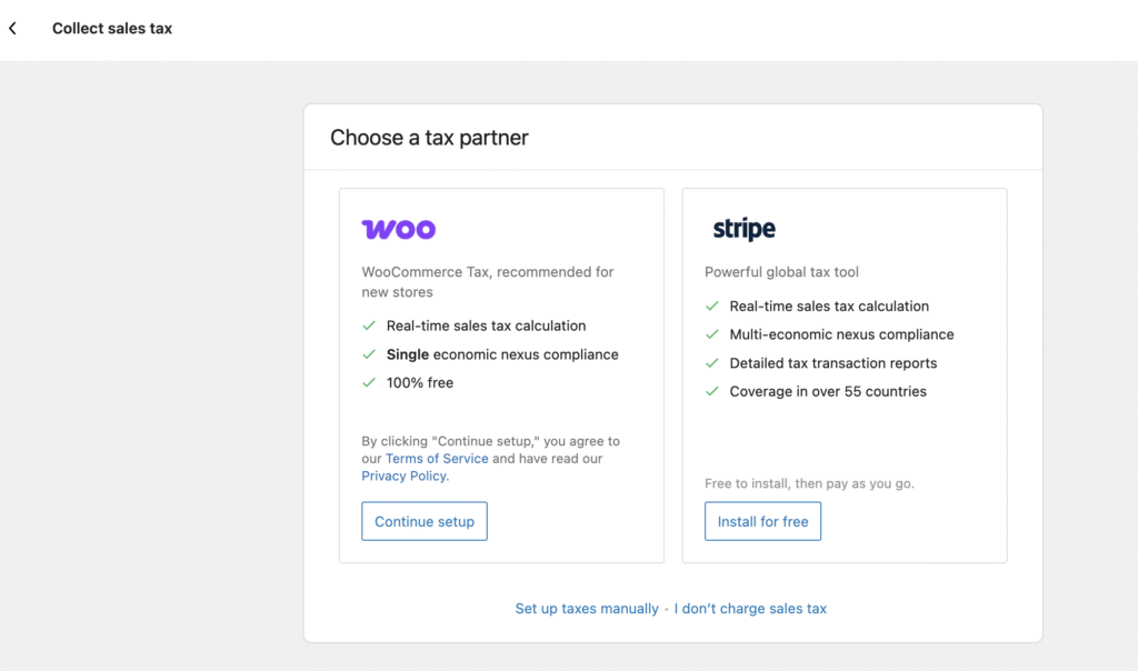 Tax set up screen in WooCommerce plugin dashboard