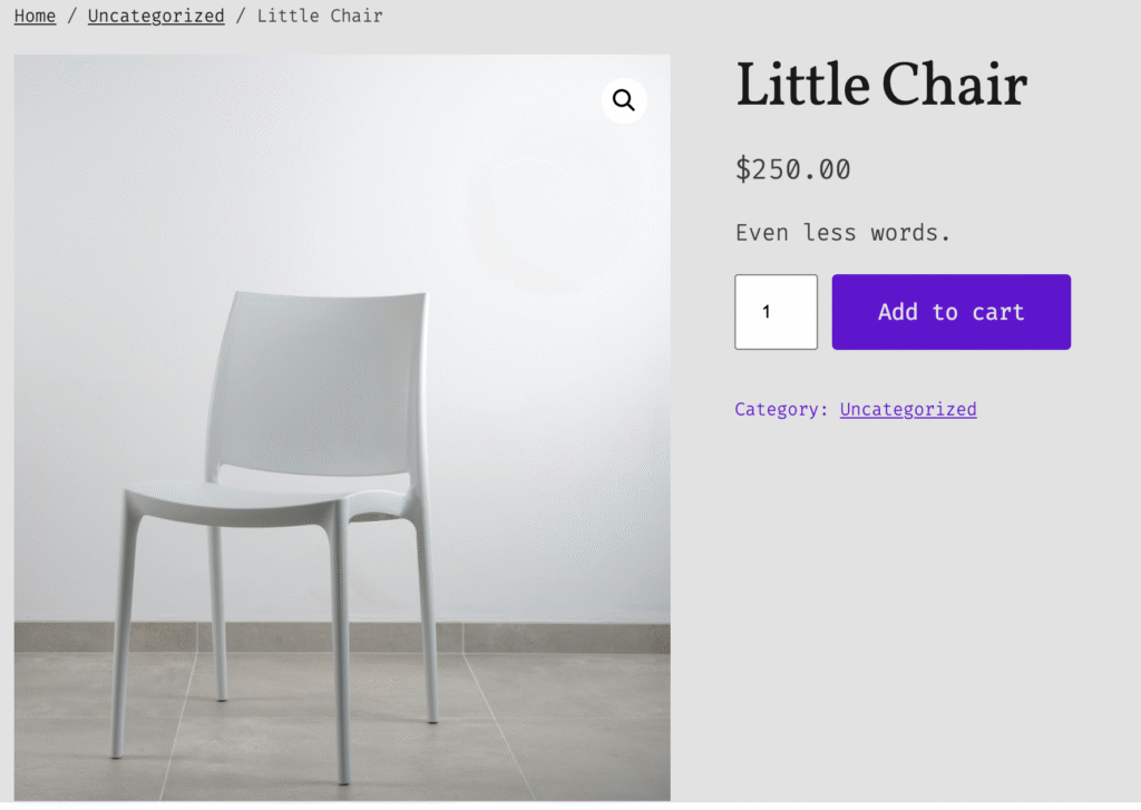 Chair product example with pricing, image, and product description displayed.