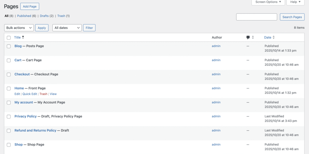 Pages dashboard with new WooCommerce Pages
