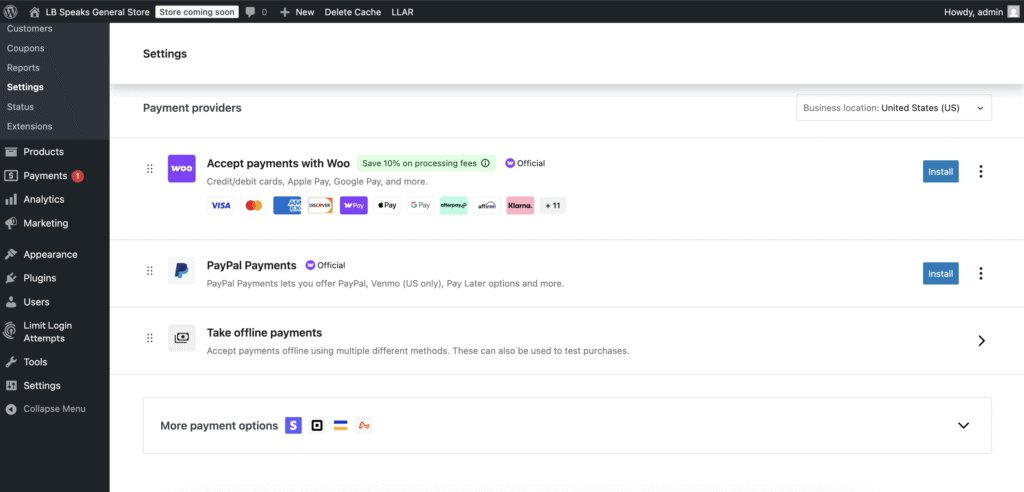 Payments setup screen in WooCommerce plugin Settings