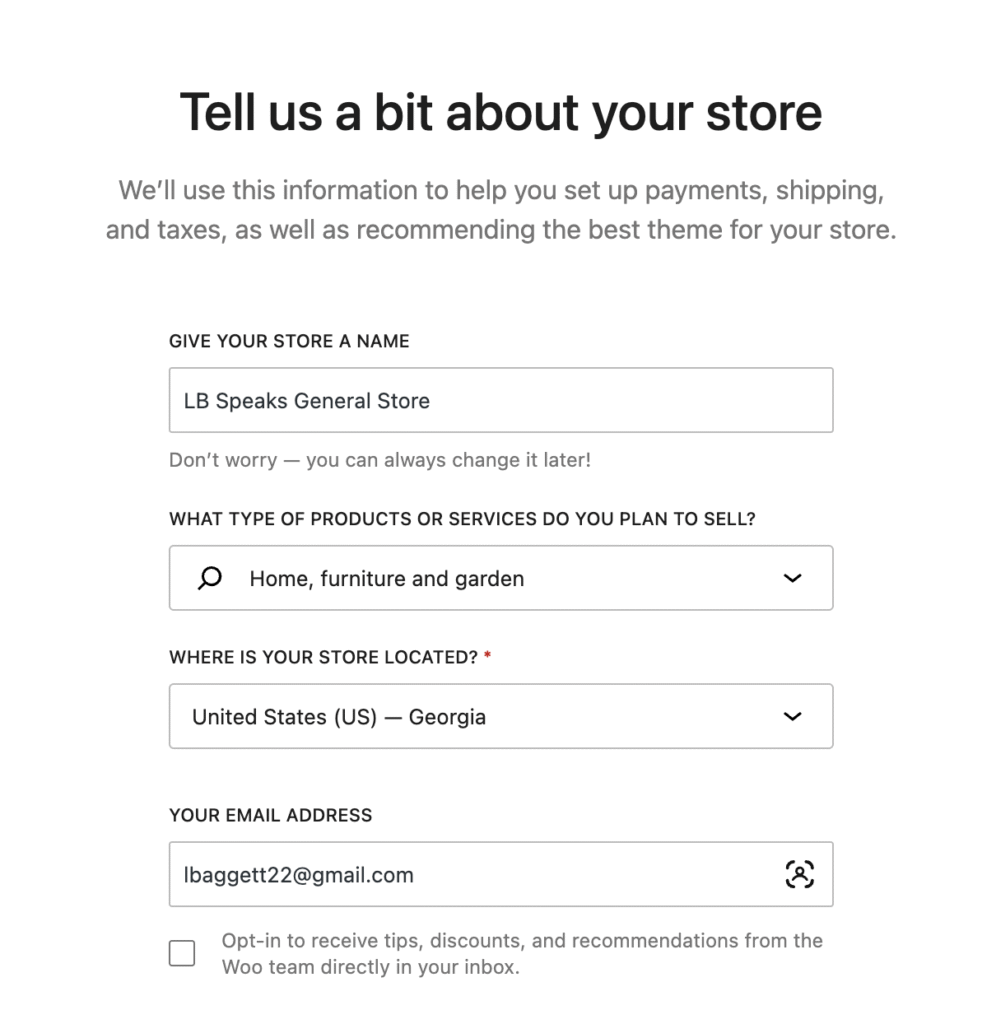 WooCommerce setup wizard first screen asking for general information about your store