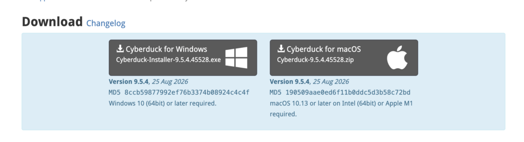 a screenshot of the download page on cyberduck.io. 