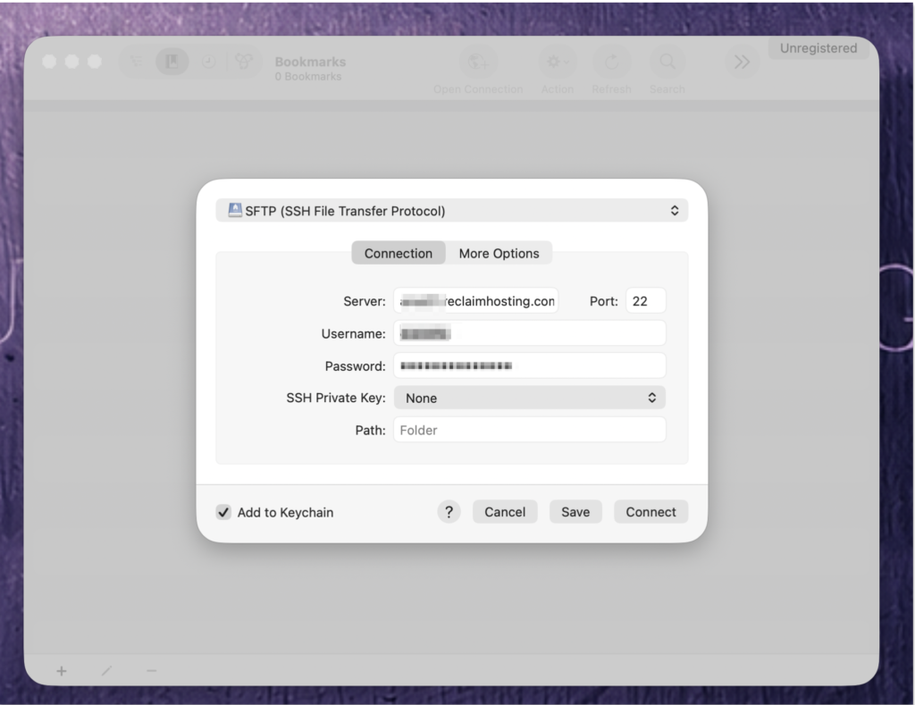 Screenshot showing the configuration settings for Cyberduck. 