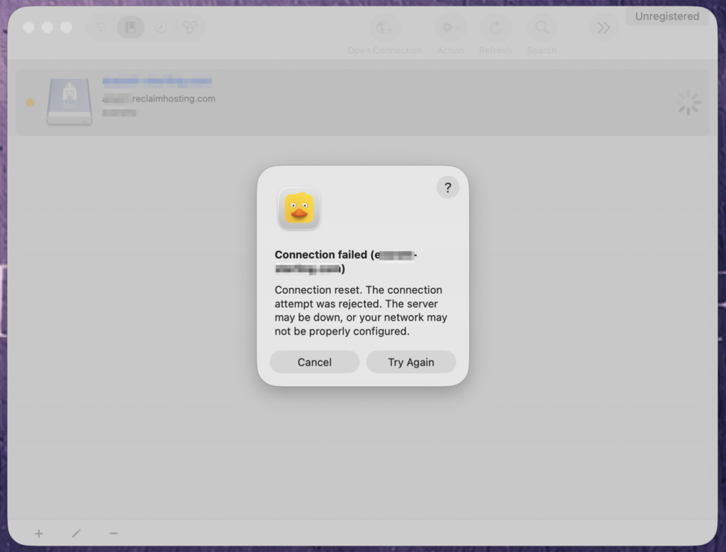 connection failed error message from Cyberduck